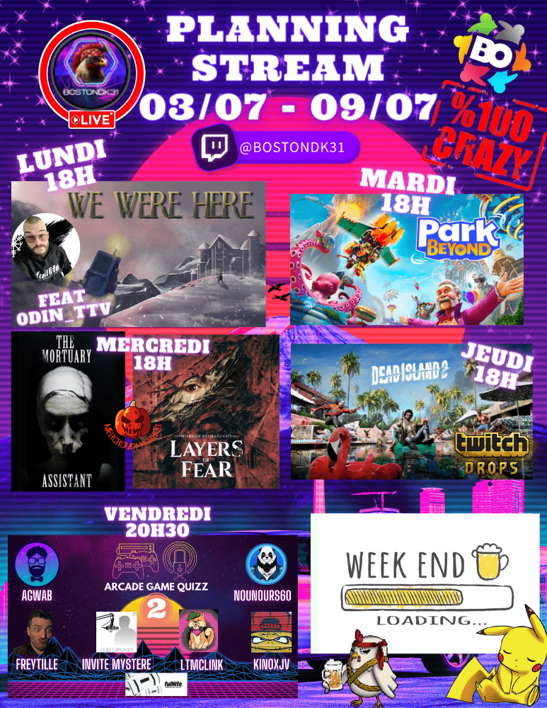 Hello les poulets,  NEW PLANNING STREAM  Du Fun, de la rage, des délires bref rejoins nous passer un bon moments entre barjo !!!   Twitch.tv/bostondk31 🎉
<a href="/RT4French/">FrenchRT</a>
<a href="/RTtwitchFR/">RT Twitch FR</a>
@RTStreamee
<a href="/PetitsStreams/">SoutienPetitsStreams</a>
<a href="/PtitTwitchFR/">Le P'tit Twitch FR - Bot 🚀</a>
<a href="/BotStreamer/">StreamerBotFR</a>