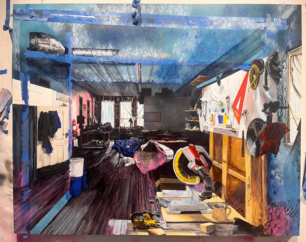 libertyhalleric's tweet photo. Got a show coming up in August. Had a small revelation about the title for this piece, and the show. Stay tuned.
#downtownmacon #studiolife #art #painting #artistsoninstagram #chopsaw #ArtistOnTwitter https://t.co/tNv2KmVx2j