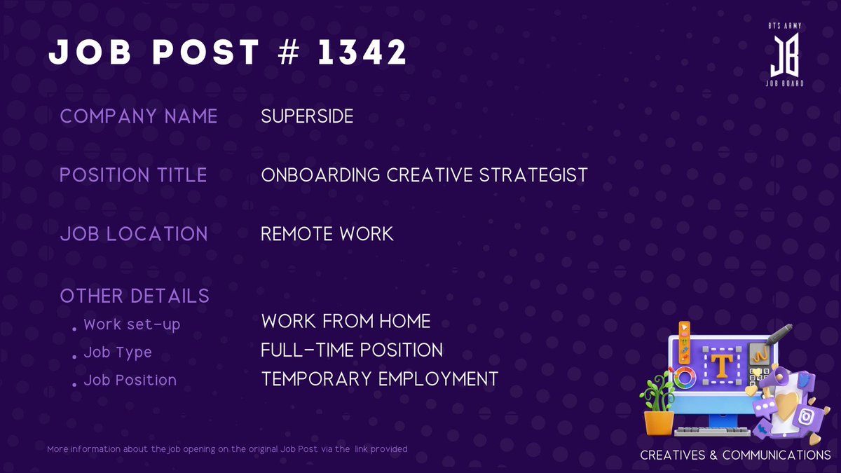 BTSARMYJobBoard's tweet photo. #BAJBRemote
REMOTE WORK

https://t.co/kQ8Ruwu5bW

#BAJBDesign 

ARMYs, kindly contact the job poster / hiring party directly for more information. 🤗

Good luck! 💜 https://t.co/YAoUfm0oWp