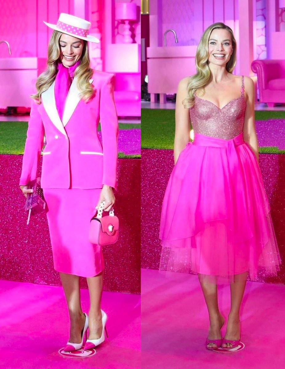cybramir's tweet photo. i’m never getting over margot robbie wearing custom versace based on day to night barbie from 1985… absolutely genius https://t.co/LYMevY8pFG