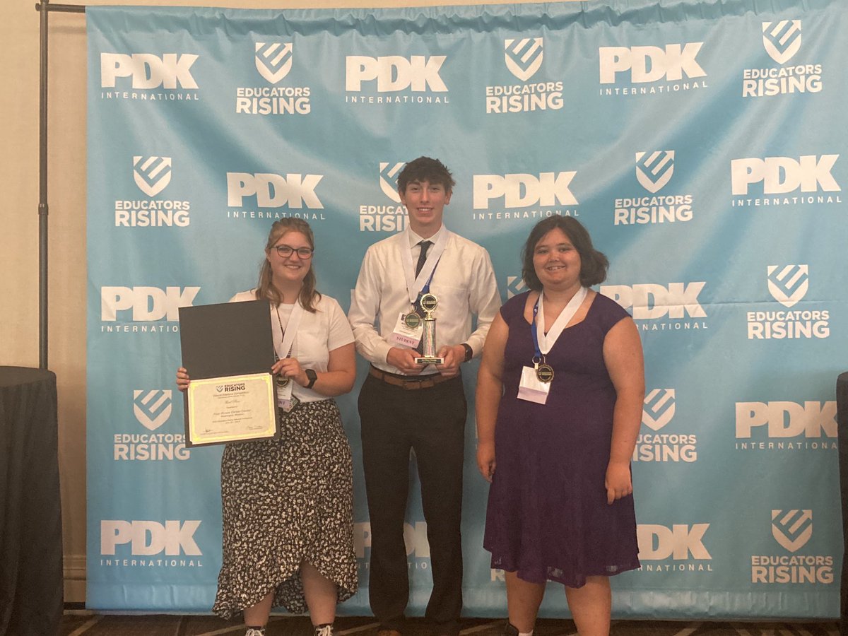 caps_washington's tweet photo. Celebrating our national medalists. Congrats to Sarah Desmond, Matthew Freitag, and Katelyn Rice for placing 3rd in the Ethical Dilemma Competition. #EdRising23 #FRCC #GYO https://t.co/94YX2EOr0i