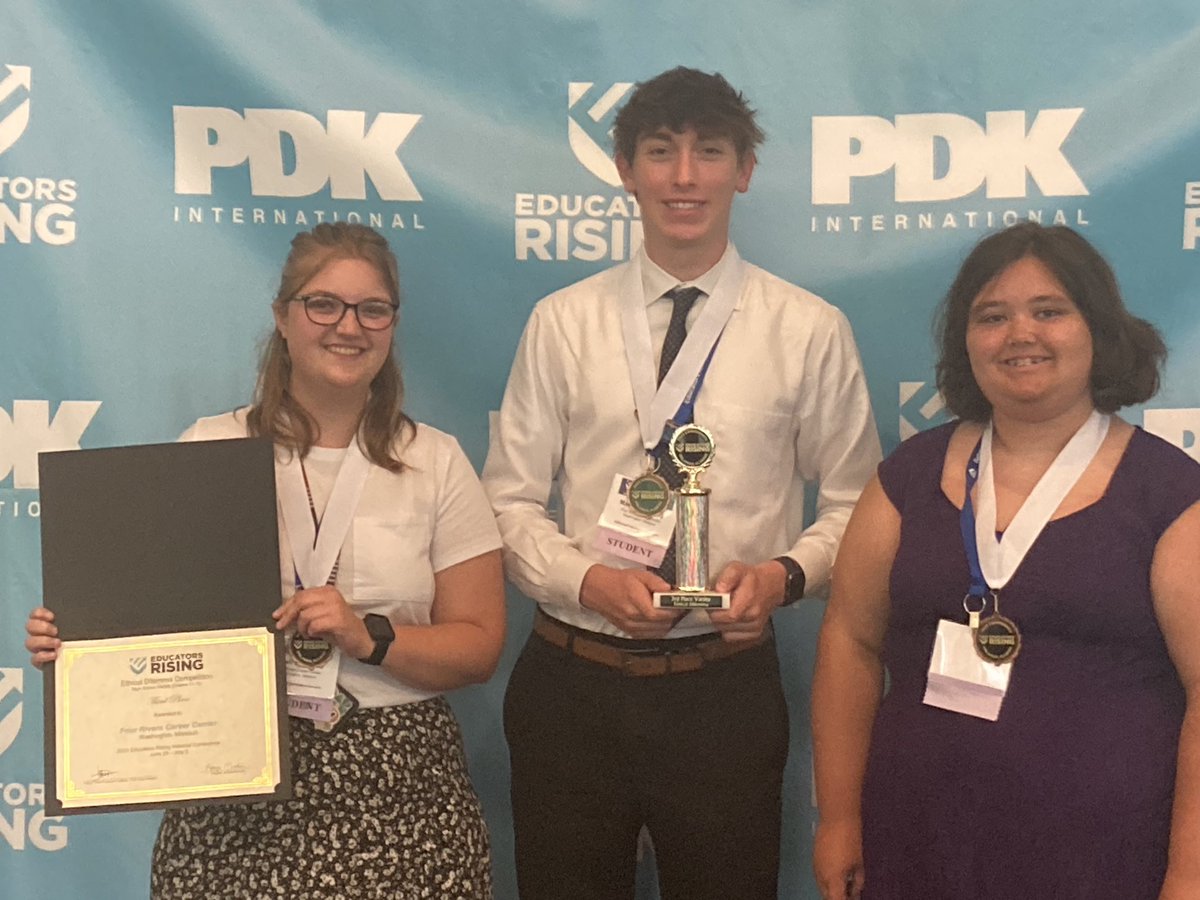 caps_washington's tweet photo. Celebrating our national medalists. Congrats to Sarah Desmond, Matthew Freitag, and Katelyn Rice for placing 3rd in the Ethical Dilemma Competition. #EdRising23 #FRCC #GYO https://t.co/94YX2EOr0i