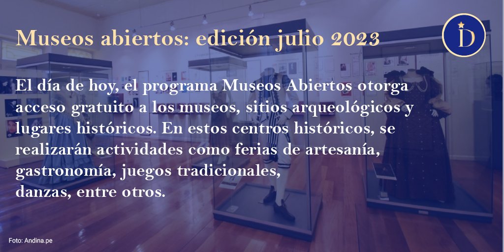 DigitalesU23975's tweet photo. ¿Sabías que hoy puedes visitar los museos de forma gratuita? Disfruta de las actividades organizadas en el marco del Día de Museos Abiertos. https://t.co/BNVQKCsESC

#MUA #Peru #cultura #historia #museosabiertos #ministeriodecultura https://t.co/6kupnWIZGv