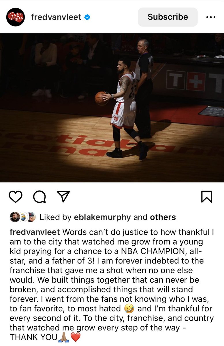 JLew1050's tweet photo. Fred VanVleet, via IG: “I am forever indebted to the franchise that gave me a shot when no one else would. We built things together that can never be broken and accomplished things that will stand forever… To the city, franchise and country that watched me grow… THANK YOU.” https://t.co/nd8yAIecmm