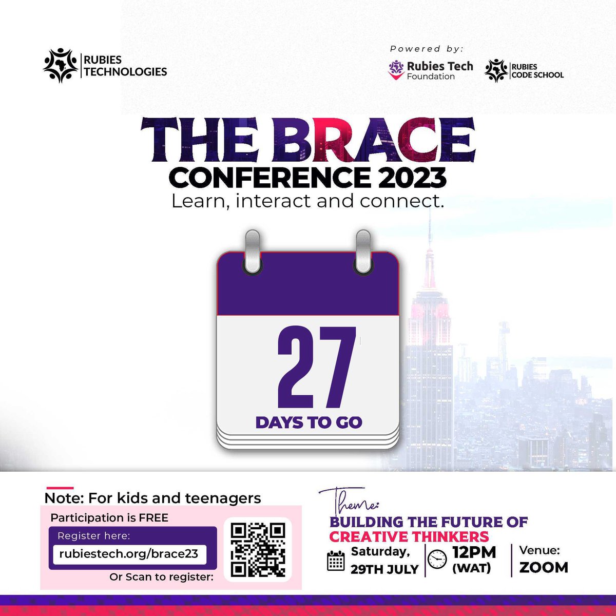 rubiestech's tweet photo. 27 days to go ๐๐
Brace Conference 2023 is here. It's open to all kids and teenagers between 7-19 years
Register at https://t.co/QKGEr15795
#ElonMusk #Ashes2023 #Limit #braceconference #rubiestech #prepaid #boss #saul https://t.co/oXZTUVIw9z