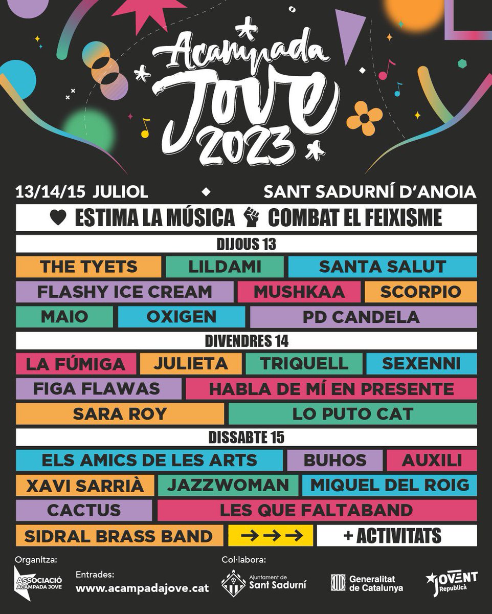 acampadajove's tweet photo. I així és com queda el cartell complet de l’Acampada Jove 2023 ❤️‍🔥

Ens veiem d’aquí molt poquet a Sant Sadurní d’Anoia! 😈 #ganesdAcampada https://t.co/bBBFupQcaU