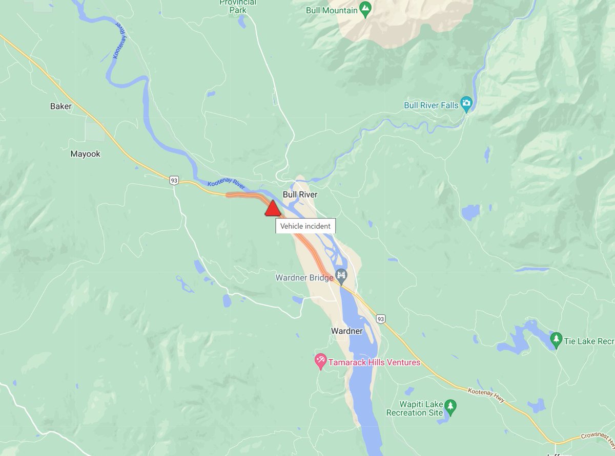 DriveBC's tweet photo. ⚠️REMINDER - #BCHwy3 / #BCHwy93 The highway is CLOSED in both directions between Colony Rd and Wardner Rd / Ha Ha Creek Rd due to a vehicle incident. Crews on scene. Local detour in effect. #Mayook #Wardner
#CranbrookBC
ℹ️For more info:
https://t.co/MzMBv5FdvM https://t.co/4e7XFcckGi