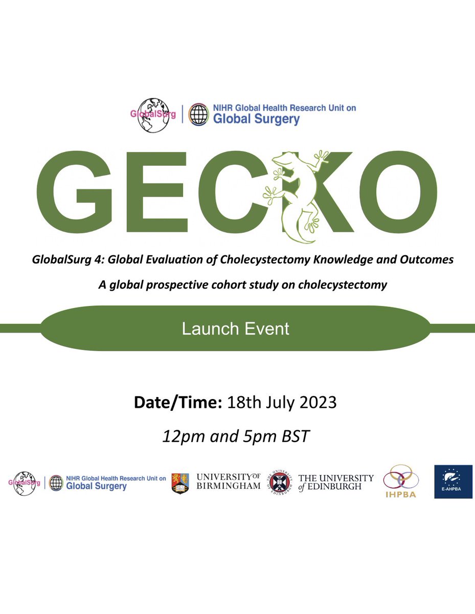 gecko_study's tweet photo. We’re delighted to share details of the upcoming launch event for #GlobalSurg4 @gecko_study

The launch event will be on 18 July at 12pm &amp; 5pm (2 sessions are being held to facilitate attendance across different time zones) 🌍

Programme &amp; speaker list will be released soon 🙌🏽 https://t.co/B84Byv5XoV