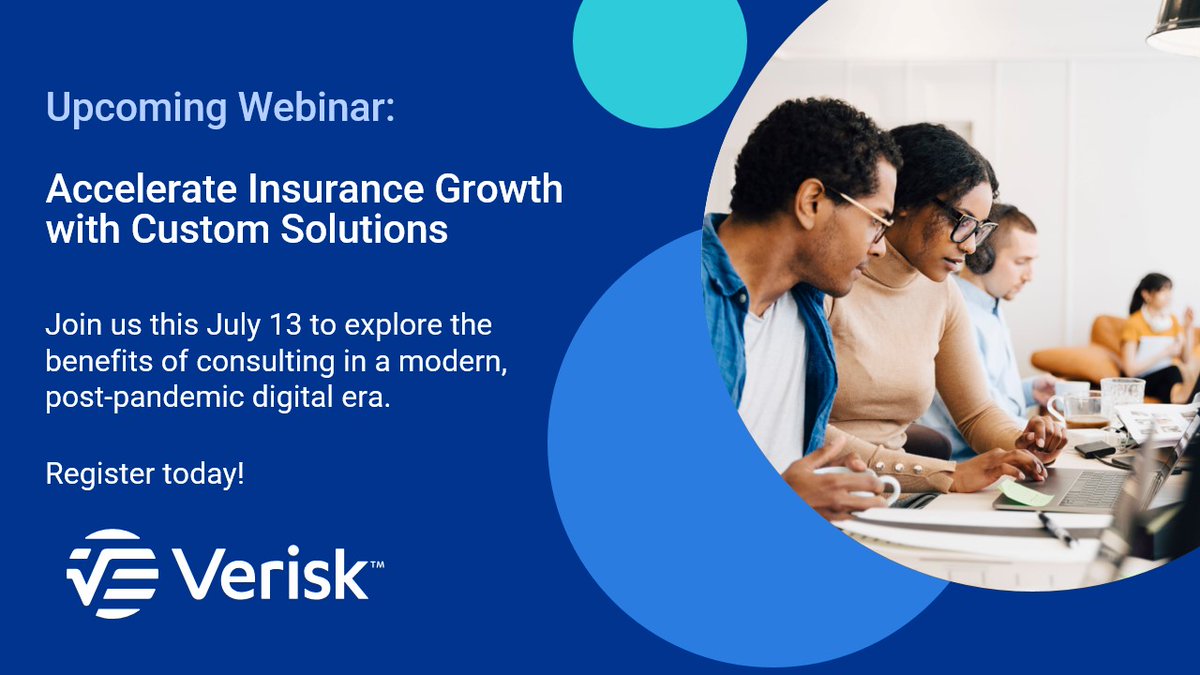 SMPerfetto's tweet photo. Let's talk about how @Verisk can accelerate your growth. Join us to explore the benefits of #consulting in a post-pandemic world, leveraging ISO data, and more: https://t.co/B4uQAKVd5Q. #InsuranceGrowth #Underwriting 

📅 Thursday, July 13
⏰ 2:00 to 3:00 PM EDT https://t.co/1GLnOSLgks