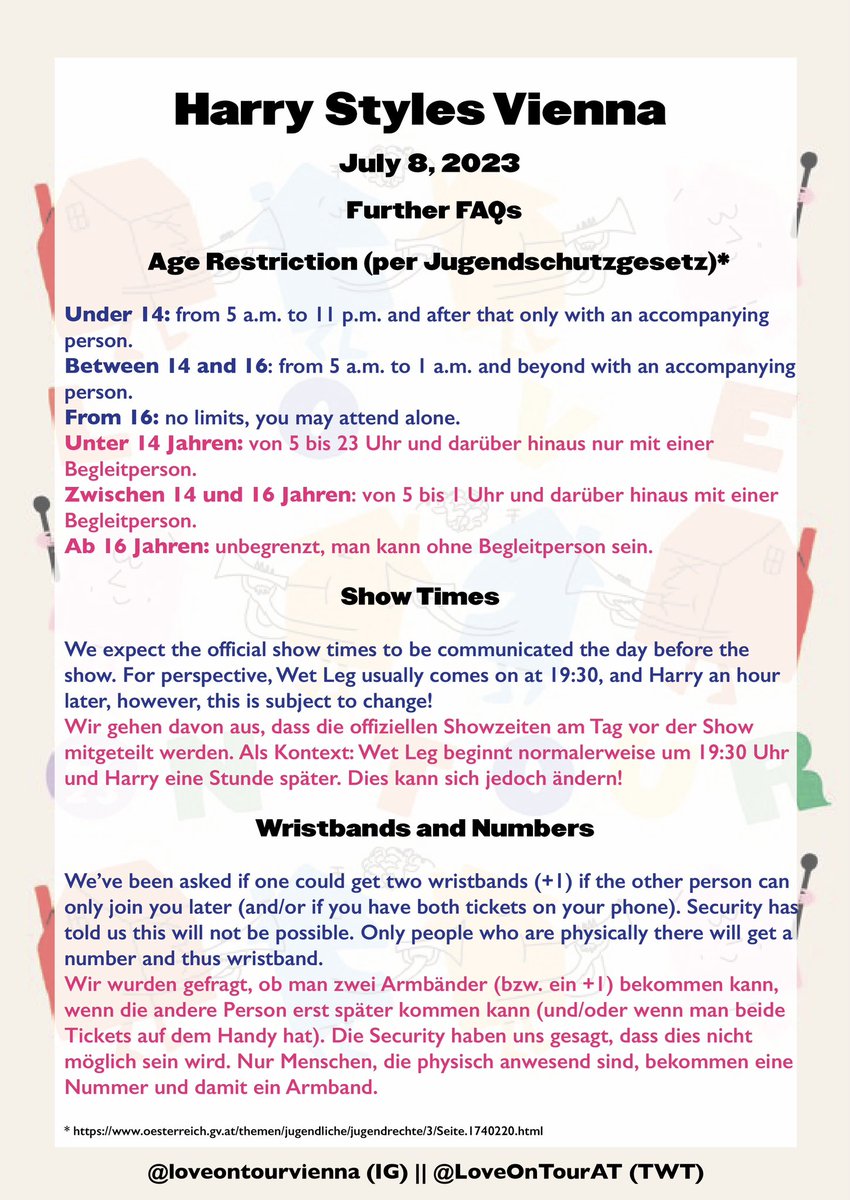 LoveOnTourAT's tweet photo. We’ve been getting a lot of questions, here are some frequently asked ones that venue staff has given us answers for.

#HSLOT2023 #LoveOnTourVienna #hslotvienna https://t.co/okzzjxvWTc