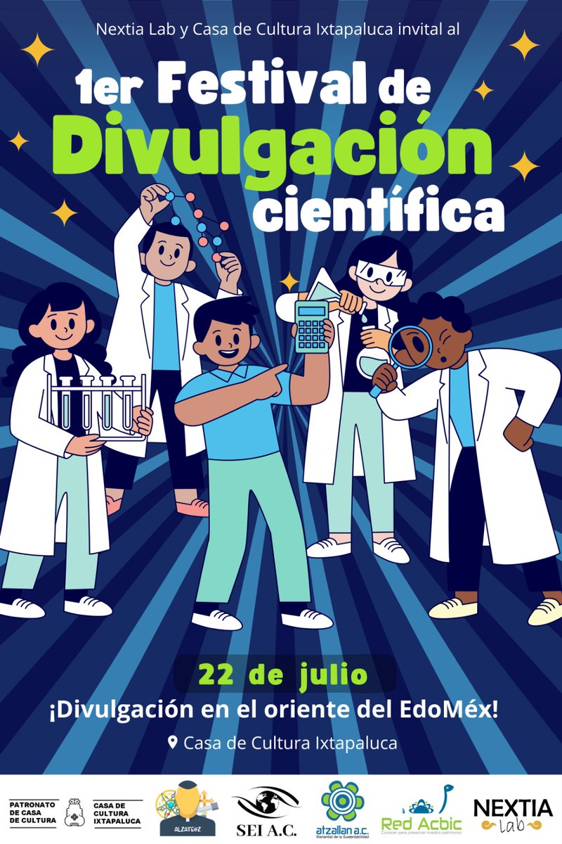 Atzallan's tweet photo. ¡Amigos de #Ixtapaluca y #ZonaVolcanes! Los invitamos al 1er #Festival de #DivulgaciónCientífica.
#ElAmbienteNosUne #NextiaLab #RedACBIC #AtzallanMeInspira 👩🏽🔬🌎🍃🧪🧫🛰️✨
🚩 LUGAR: Patronato Casa de Cultura Ixtapaluca.
⏳ FECHA / HORARIO: 22 de julio 2023 / 10:00 a 14:00 horas. https://t.co/9dbWuqOJe7