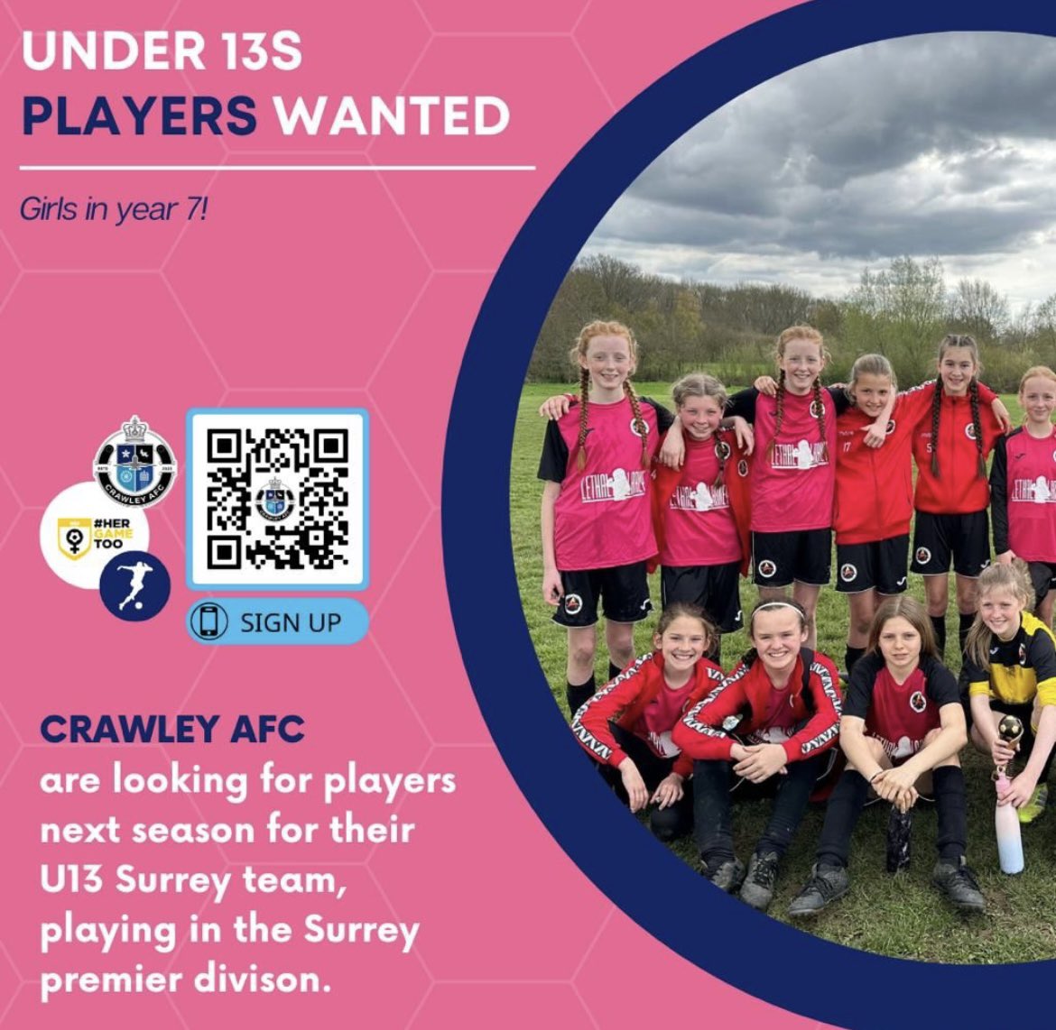 Crawley AFC U13s looking for new players! Scan bar code to sign up🔵🔵🔵 #WomensFootball #SussexFootball #SurreyFootball #grassrootsfootball