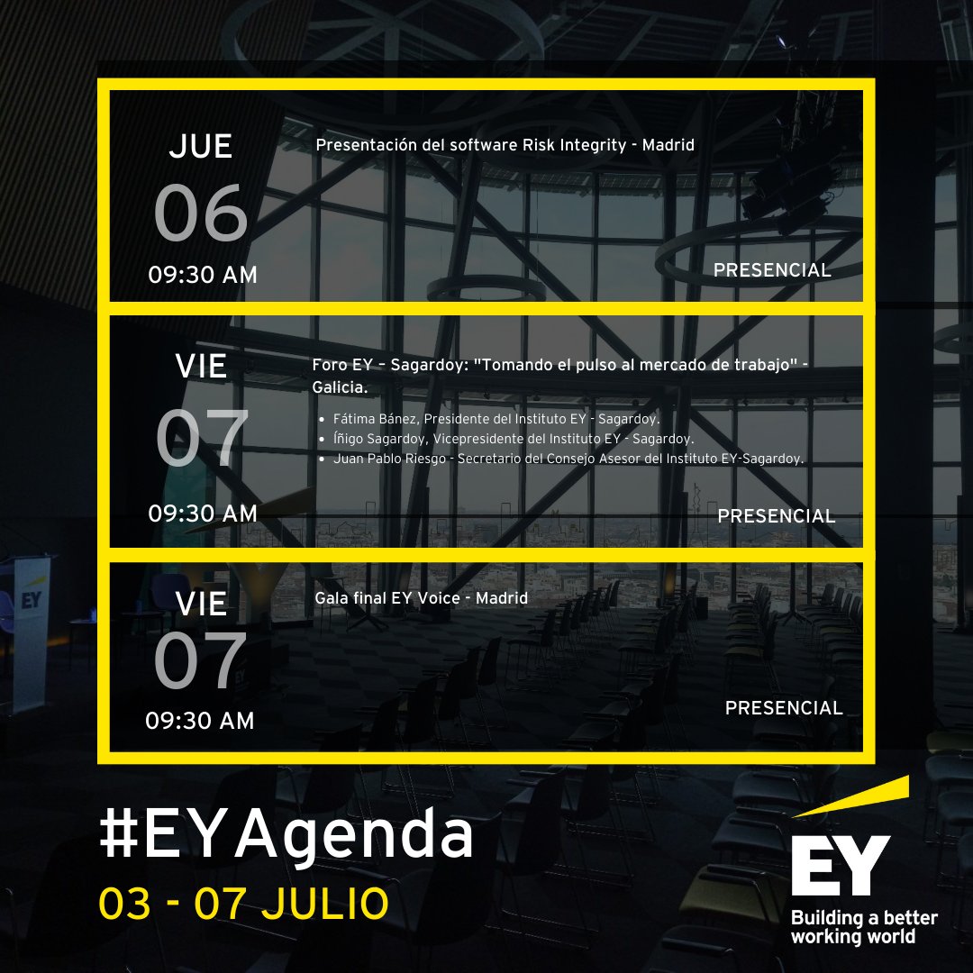 EY_Spain's tweet photo. 📅 Lunes 03 Julio– Viernes 07 Julio 📅

Esta es la #AgendaEY de esta semana. Elige el #evento que más te interese y apúntate para seguirlo #endirecto 🖋

🟡 Registrate⬇

#EY #EventoEY #Webinar https://t.co/6NWeUKeIlC