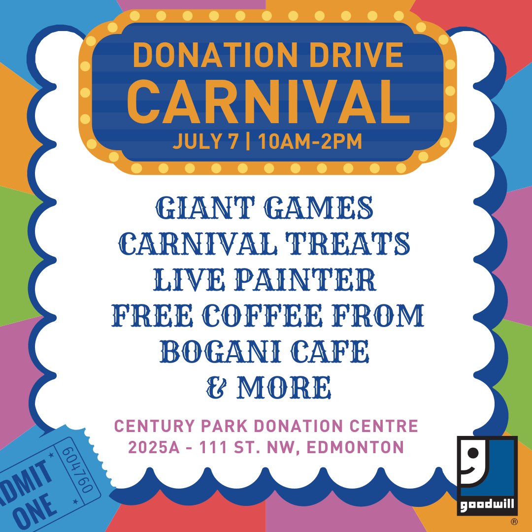 Goodwill Alberta (@goodwillab) on Twitter photo Join us for a Donation Drive Carnival! Bring a donation, get a free coffee from <a href="/BoganiCafe/">Bogani Cafe</a>, play some games and grab a treat!
July 7, 10am-2pm
Century Park Donation Centre
pulse.ly/v61ho8pji9 Join us for a Donation Drive Carnival! Bring a donation, get a free coffee from <a href="/BoganiCafe/">Bogani Cafe</a>, play some games and grab a treat!
July 7, 10am-2pm
Century Park Donation Centre
pulse.ly/v61ho8pji9