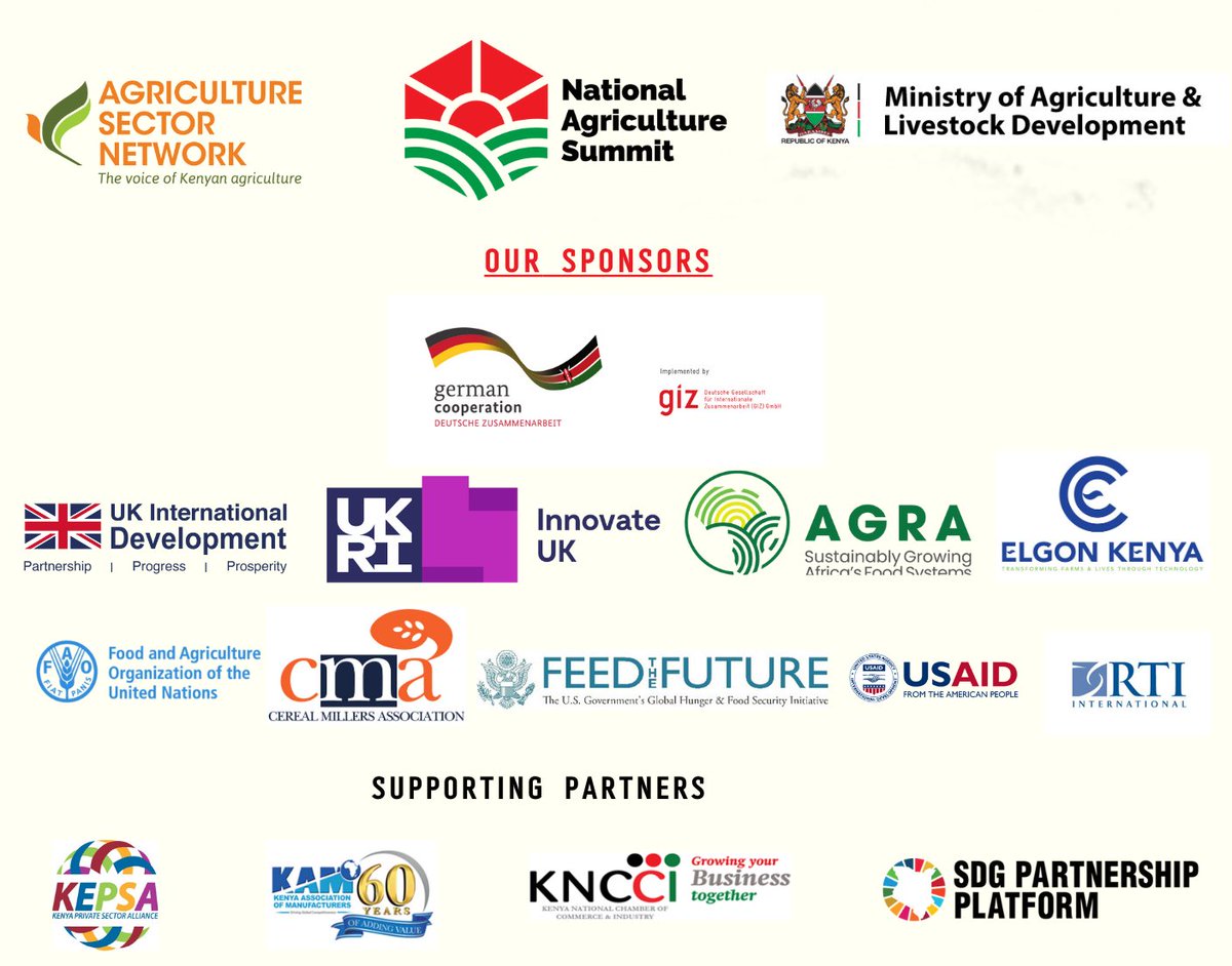 The countdown! Just 2 days away from hosting you at your sector’s largest and most anticipated agriculture summit. Much appreciation to our sponsors led by @giz_gmbh @UKinKenya , @KTNUK @AGRA_Africa @FAOKenya @ElgonKenyaLtd @CerealMillers @RTI_Intl  @FeedtheFuture @USAIDKenya