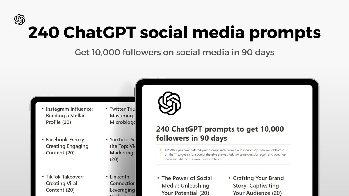 ChatGPT is a FREE marketer But most people don't know how to unlock its full potential That's why I built 240 prompts to get 10,000 followers in 90 days And for the next 24 hours, it's FREE! To get it, just: 1. Follow me @iNotionHQ 2. RT this tweet 3. Reply 'SEND'