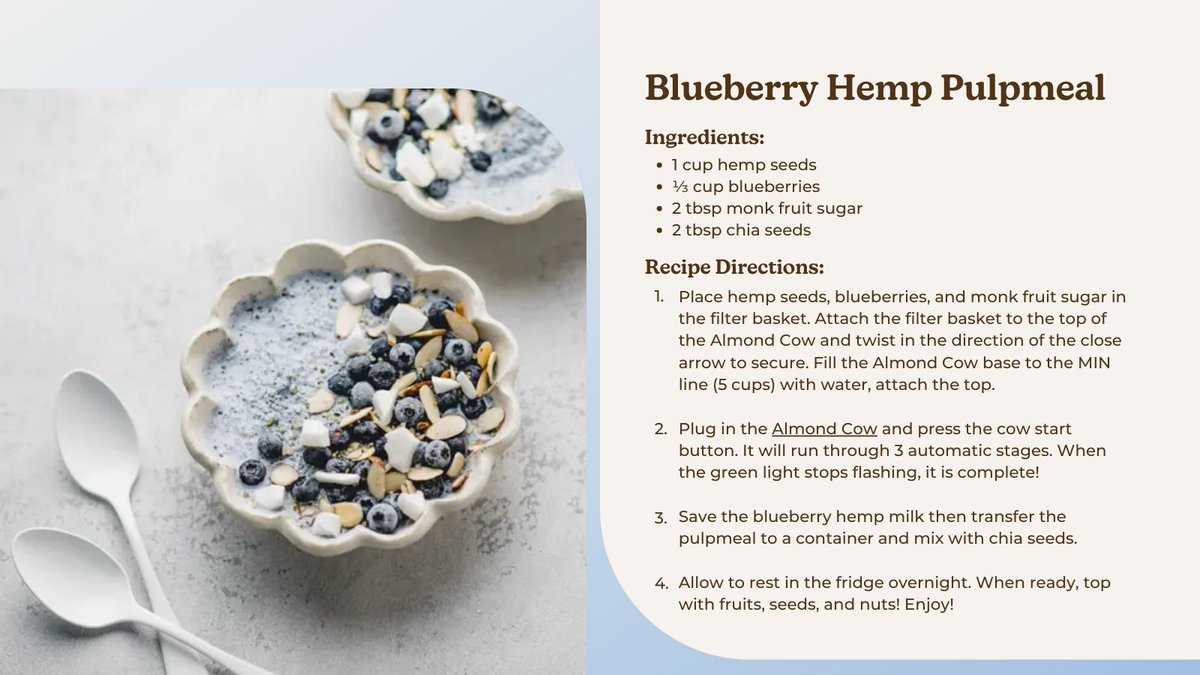 Summer blues? Don't worry, we've got it covered! 

Blueberry Hemp Pulpmeal - just one of our amazing "Blue July" recipes made with Almond Cow. 

Click the link below to check it out - and follow us for more delicious blue treats this month!
almondcow.co/recipes/pulpme…