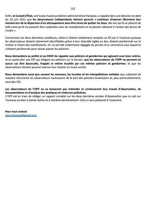 OPPtoulouse's tweet photo. 📢COMMUNIQUE DE PRESSE

Insultes, coups : les observateurs toulousains pris à partie par la police.
Les observateurs sont pourtant protégés par le droit international.

⬇️ https://t.co/2hMkpkUC2v