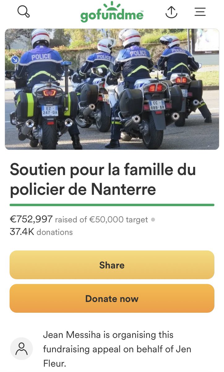 ainyrockstar's tweet photo. Weil einige gefragt haben: Hier kann man für den Polizisten von #Nanterre und seine Familie spenden. Inzwischen sind es über 750.000 Euro!

https://t.co/huw7jsB13o https://t.co/uWW1FBPaqk