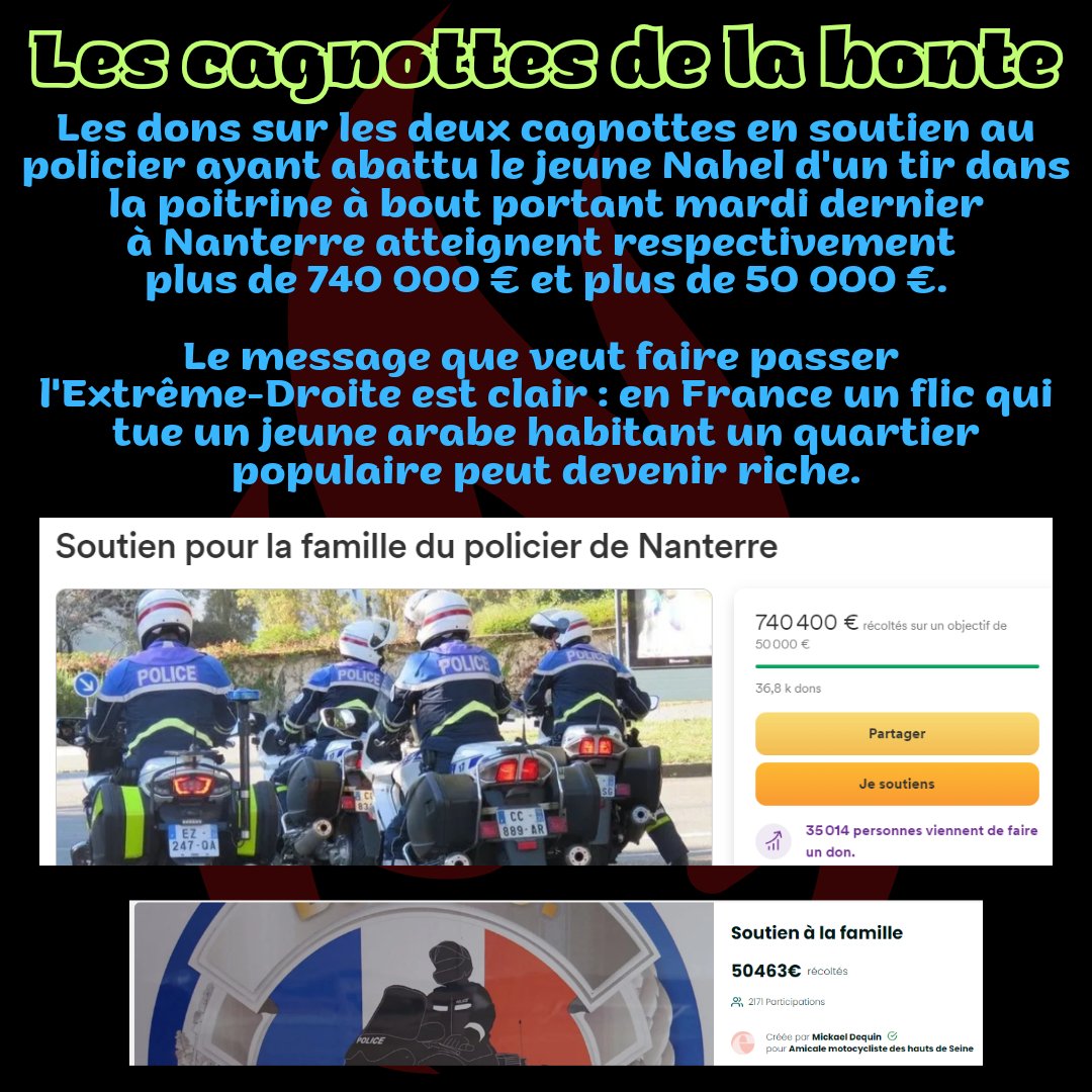 PeupleRevolte's tweet photo. 🔴Cagnottes de la honte

Les dons sur les cagnottes pour le policier ayant tué #Nahel à #Nanterre mardi dernier atteignent + de 740 000 € et + de 50 000 €.

En #France un flic qui tue un arabe habitant de quartier populaire peut devenir riche 🤮

#justicepourNahel #LaPoliceTue https://t.co/y5BGw2TQ0q