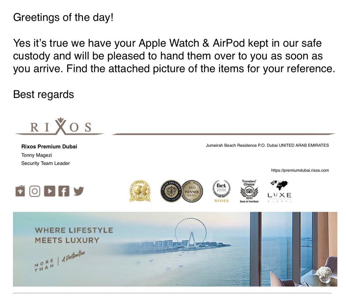 ShammaMLootah's tweet photo. @RixosHotels 

In line with Dubai’s  ultimata safety and security goals! 
Thank you @RixosPremiumJBR https://t.co/VYK8ddbUh6