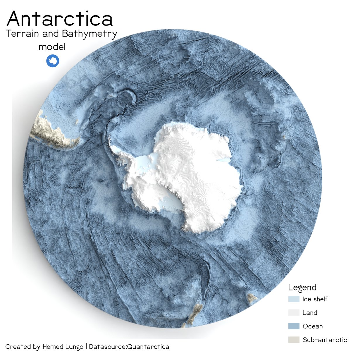 A Map🗺️showing Terrain and Bathymetry Model of Antarctica🇦🇶(Version 3)  Data source:#Quantarctica from @NorskPolar #gischat #Antarctica #map #geospatial #qgis #b3d #blender