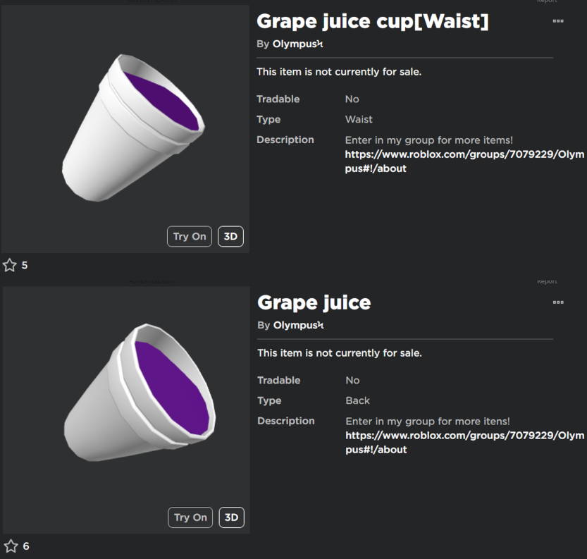 Looks like we have another lean situation. This time, UGC creator 'Svns3' uploaded two styrofoam double cups of lean as 'grape juice.' Stop promoting this on Roblox.😐#Roblox #RobloxUGC