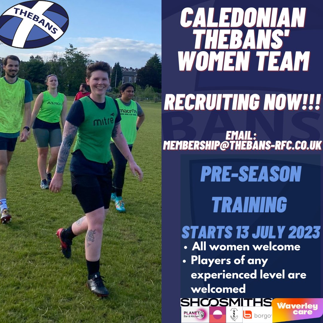 Our FIRST women's team is here, and we want YOU! Beginners, returners, - everyone is welcome at Thebans!

Preseason starts July 13th  Training sessions: Tuesdays &amp; Thursdays, 18:30-20:00 at Roseburn Park

📧 To sign up or learn more, email Ben at membership@thebans-rfc.co.uk. ❤️