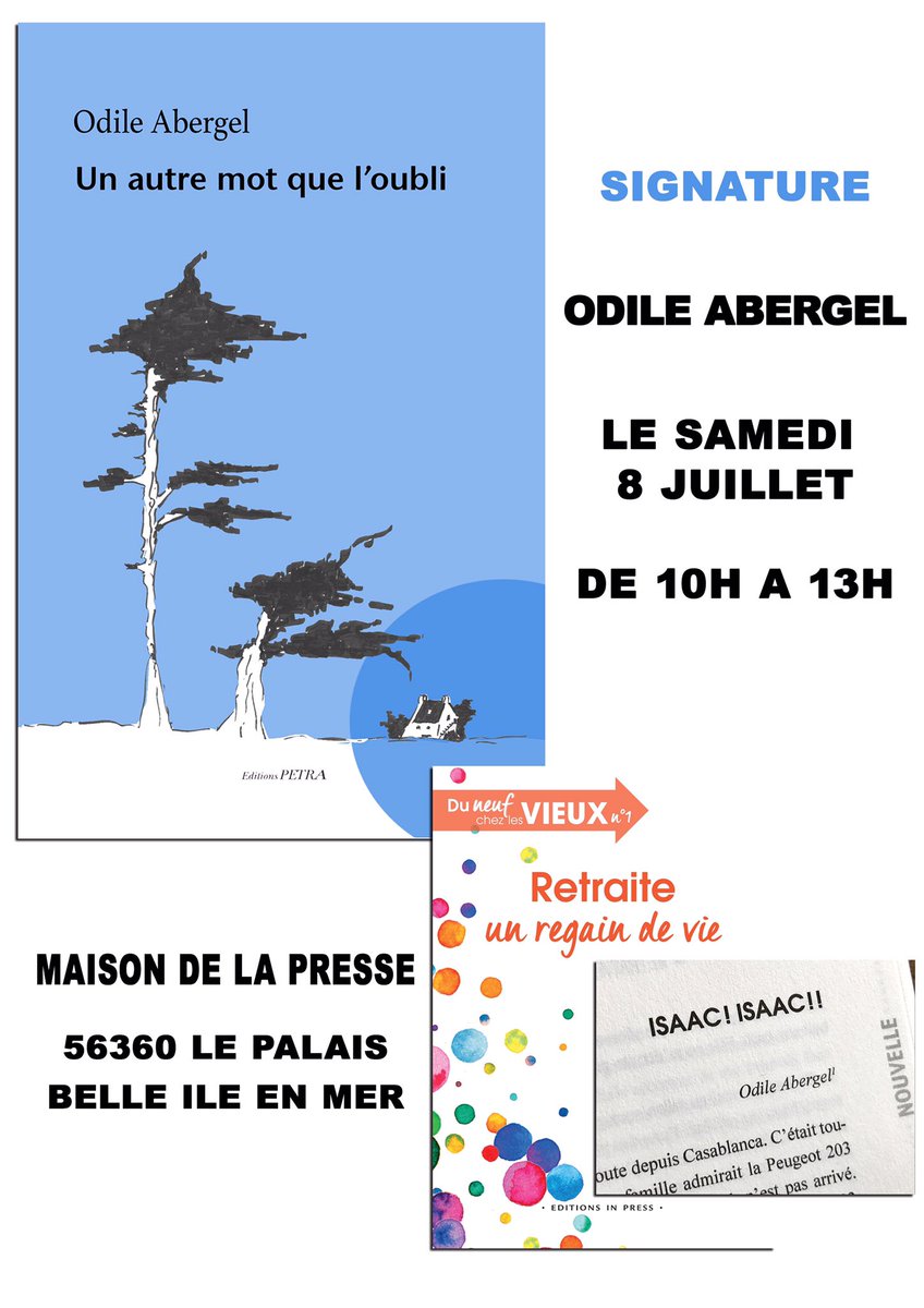 Dédicace à Belle-île où se situe l’action de mon roman « Un autre mot que l’oubli » (Editions Pétra). Je présenterai aussi la collection Du Neuf chez les Vieux @editionsinpress dans laquelle vous pourrez découvrir ma nouvelle « Isaac ! Isaac !! »