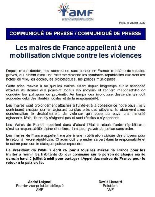 J’invite les élus et les citoyens de Sèvres à un rassemblement pour le retour à la paix civile demain, lundi 3 juillet, à midi dans la cour d’honneur de la mairie de Sèvres @l_amf