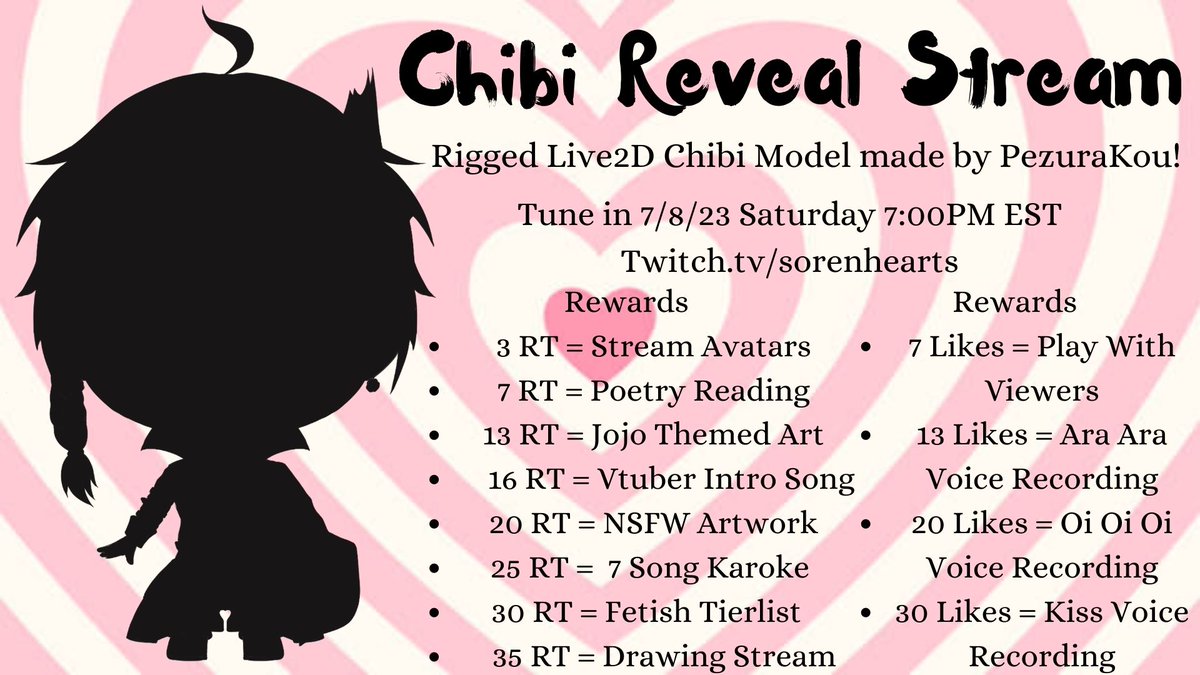 HeartsSoren's tweet photo. ❣Announcement❣
(This Saturday the 8th EST)⏰
CHIBI LIVE2D MODEL REVEAL STREAM
I am so excited to show off the model and go through some activities with chat for this special stream!
♥️Please look forward to it! ♥️

💜Model By @PezuraKou 💜
#Vtuber #modelreveal  #VTuberUprising https://t.co/AYTjyDzFMs