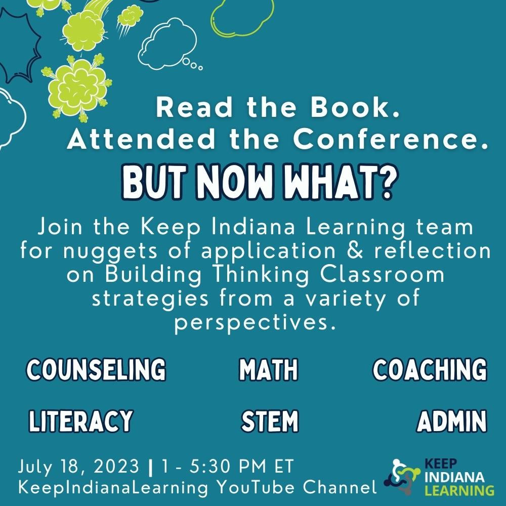 Intrigued by the #ThinkingClassroom approach? The Keep Indiana Learning Specialists are diving into them across grade levels &amp; content areas. Mark your calendars for the "Now What?" Summit! Catch it live or later @ YouTube.com/KeepIndianaLea….  #BTCC23