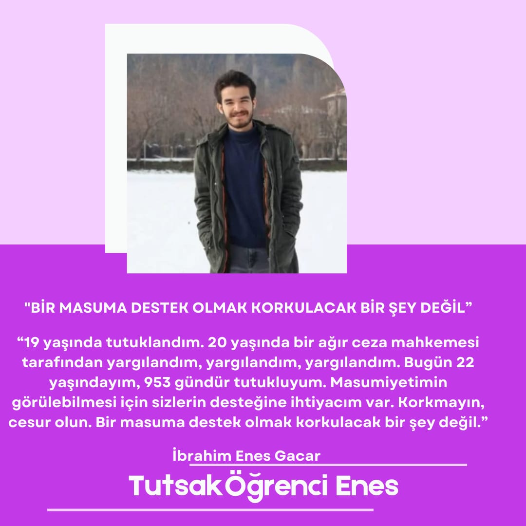 Nevbahar_nb's tweet photo. "19 yaşında tutuklandım. 20 yaşında bir ağır ceza mahkemesi tarafından yargılandım. 953 gündür tutukluyum. Masumiyetimin görülebilmesi için sizlerin desteğine ihtiyacım var. Bir masuma destek olmak korkulacak bir şey değil."

Captive StudentEnes
Tutsak ÖğrenciEnes https://t.co/QYUlhbxXRa