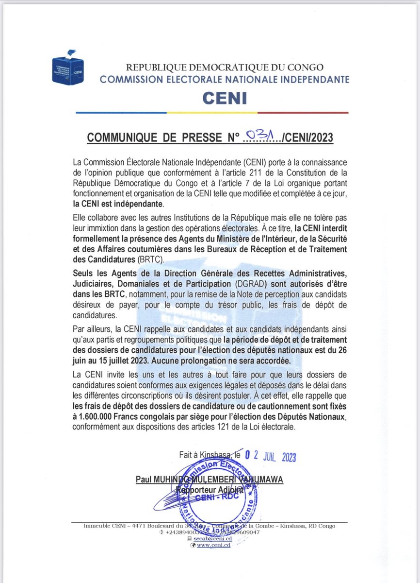 IsralMutombo11's tweet photo. #RDC: la CENI interdit formellement la présence des Agents du Ministère de l’intérieur dans les  BRTC.

 Seuls les Agents de la DGRAD sont autorisés d'être dans les BRTC, notamment, pour la remise de la Note de perception aux candidats désireux de payer, pour le compte du trésor public, les frais de dépôt de candidatures.

Communiqué de presse