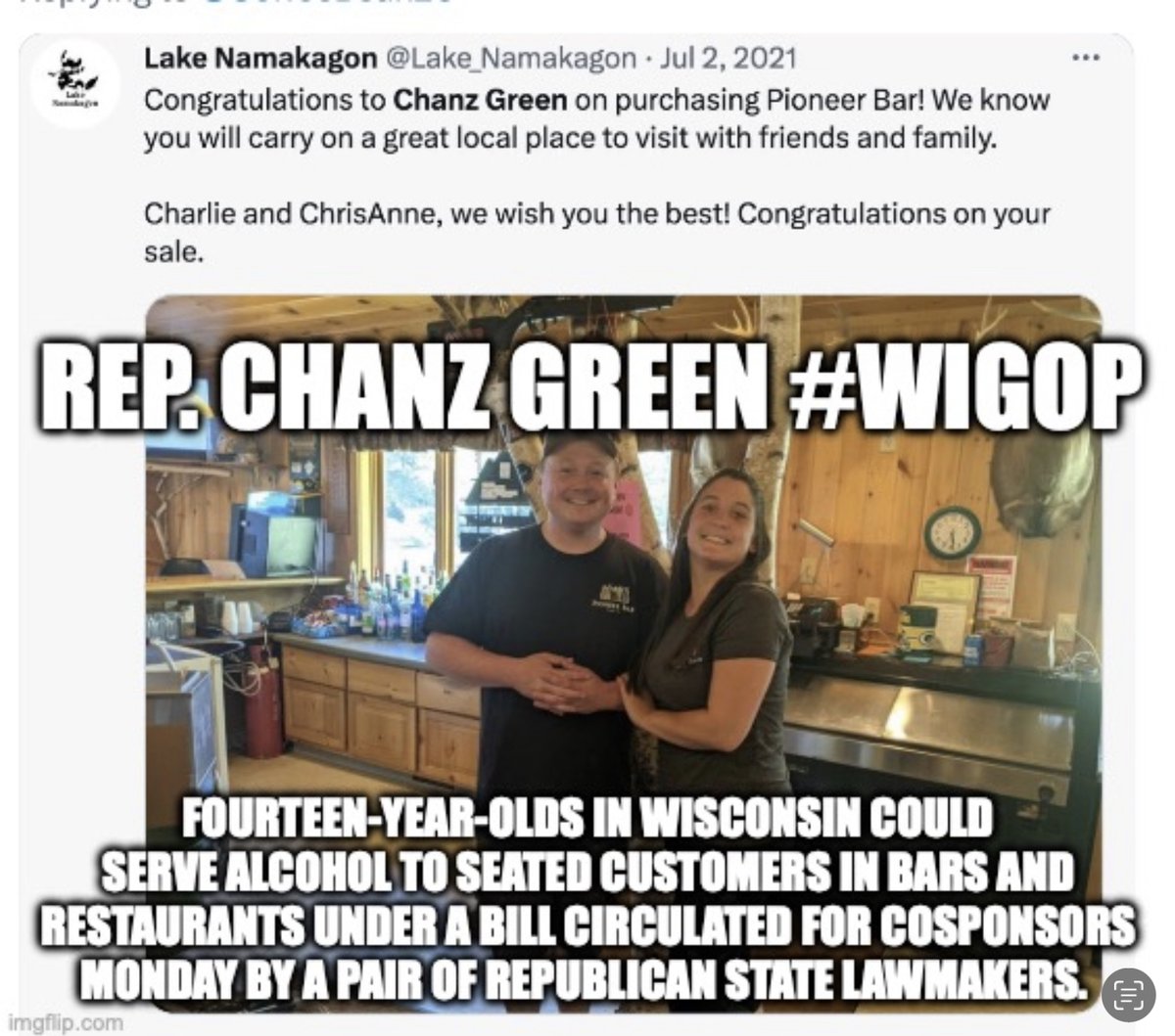 kals55's tweet photo. @kid_riles Yep! #ChanzGreen Buy a bar. Run for the WI assembly. Write a bill for 14 year olds to serve alcohol in your bar. Collect $55,000 pay check for Taxpayers. #KochPuppet #TavernLeaguePuppet #WIGOP "Stop voting for idiots." ~ Liz Cheney https://t.co/6CfDzTfnUu