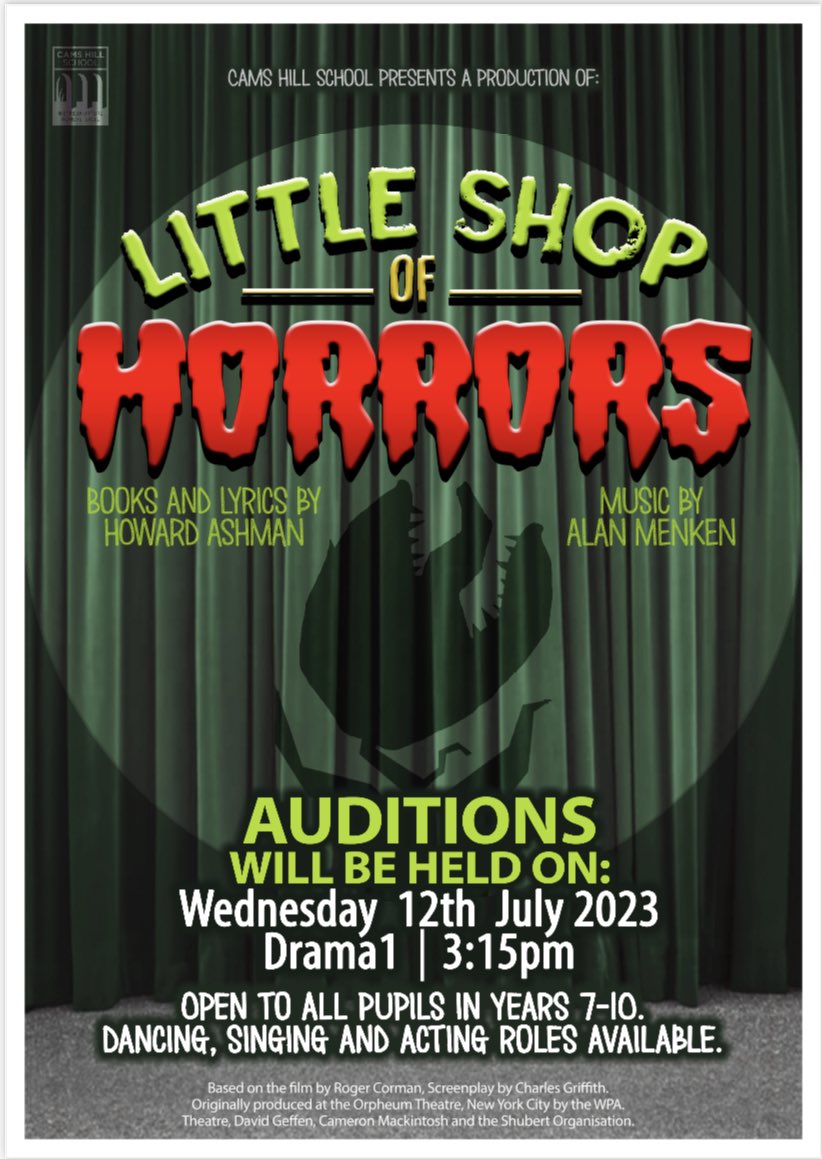 Cannot contain our excitement!!!!!! 2024 Cams Hill School production is Little Shop of Horrors 🎭
Audition information below!!