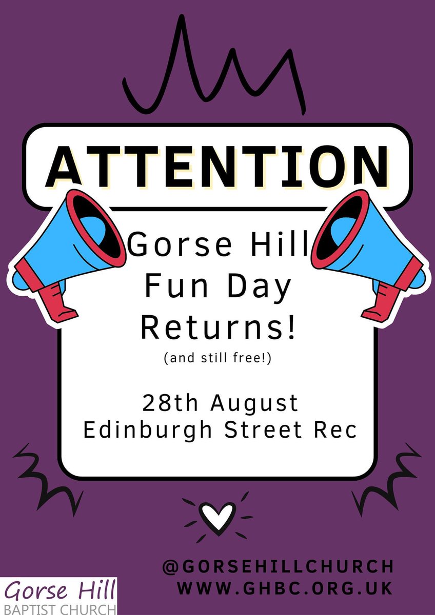 We’re delighted to announce that Gorse Hill Fun Day returns! Save the date… 😁

#swindon #gorsehill #kidsactivities #ghbc #fun #free