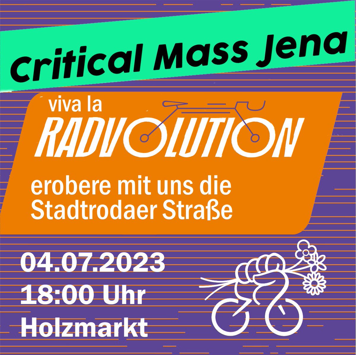 Am 4.7.23 ist es wieder soweit. Die Critical Mass Jena startet um 18:00 Uhr auf dem Holzmarkt. Unter dem Motto #Radvolution demonstrieren wir in diesem Monat für die Änderung des Straßenverkehrsgesetzes, damit Kommunen mehr Autonomie in der Verkehrsplanung erhalten. <a href="/JenaerTweets/">Jenaer Tweets</a>