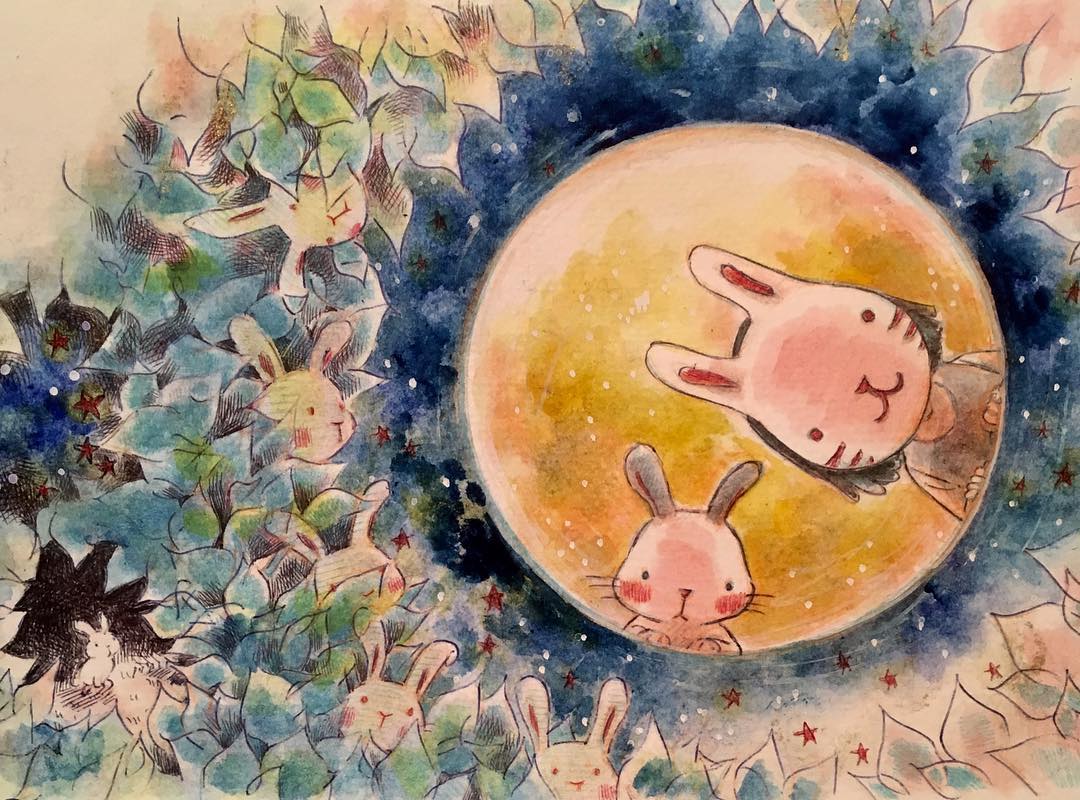 not my #art 
IG mypicturebookcafe: Inspired by a Japanese myth of the full moon and rabbits 📷 Done with mixed media. #illustrator #illustration #kidlit #kidlitart #canadawestillustrators #children #bunnies #fullmoon #rabbitmask #bookcover #bookcoverdesign #childrenswritersguild