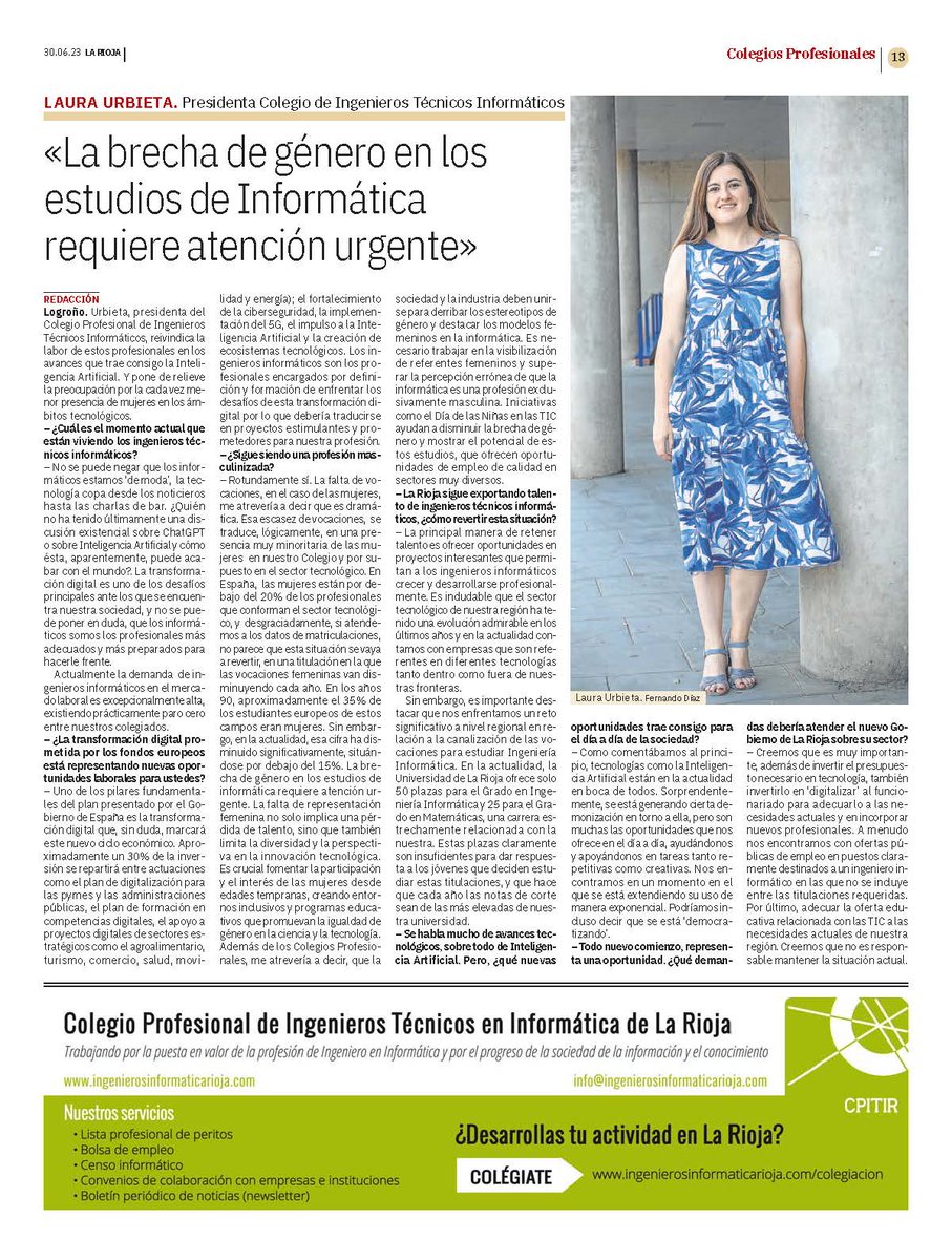 CPIIR_CPITIR's tweet photo. entrevista a nuestra presidenta @LauraUrbieta en el suplemento de colegios profesionales del diario @lariojacom @conciti @MujeresEnII
 #MujeresIngenieras #InformaticaSolucionYA #esIngenieria #ponuningenieroinformaticoentuvida 

https://t.co/glK3NopsnA https://t.co/OBy67U6rhJ