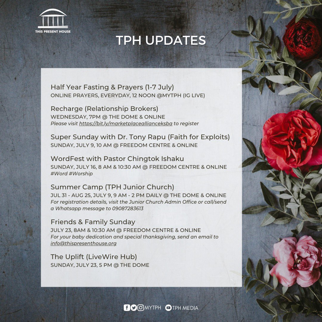 MyTPH's tweet photo. July is a packed month at TPH and we wouldn’t want you to miss out on any of our specially curated events! There’s something for all ages so, get your planners out and save these dates! 

#myTPH
#eventsthisweek
#SuperSunday
#WordFest
#FastingPrayers
#biblestudy https://t.co/1CTi8Xyfzg