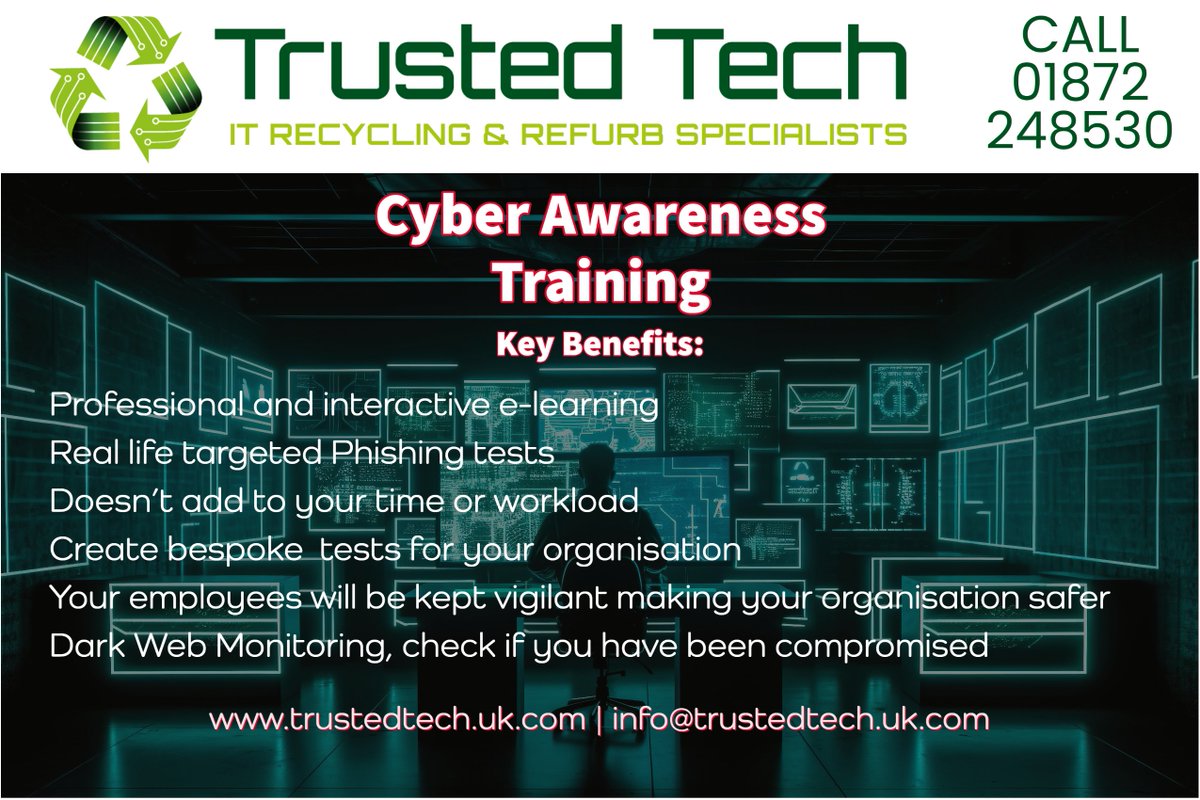 TrustedTech1's tweet image. Does your organisation require some Cyber Awareness Training along with Dark Web monitoring to see if your details have been compromised.
Keep your employees up to date with Cyber Awareness Training making your organisation safer

#cyberawareness #cyberprotection #cornwall #truro