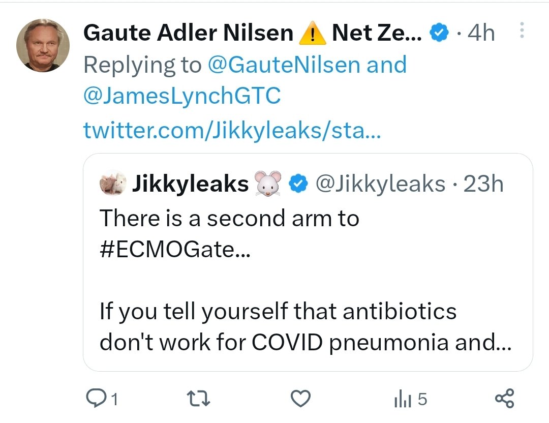 JamesLynchGTC's tweet image. Predictably, after spamming posts from the likes of Nawaz, Yeadon and Lawrie making inanely stupid points we've already discussed, Gaute blocks.
But only after dropping the stupendously thick #ECMOGATE rubbish which fails to consider that ECMO is typically for a younger popln.
