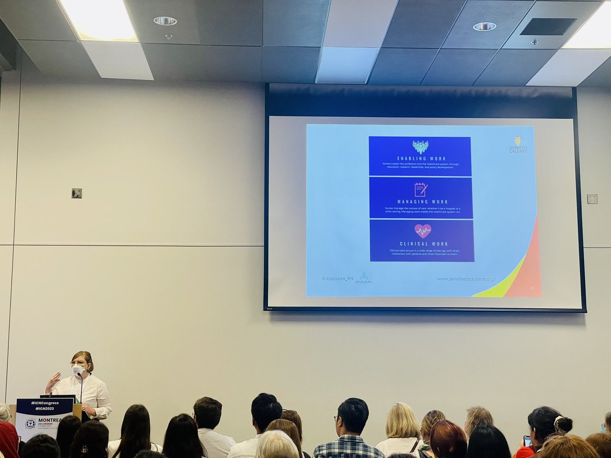 #ICN2023 @JJackson_RN “#nursing is more than what you see…we care for patients & we sustain health systems!” 

“Cognitive labor refers to all the critical thinking nurses do…nobody knows we’re doing it…we need to talk more about this”

“We adapt all day long!”

#ThisIsNursing