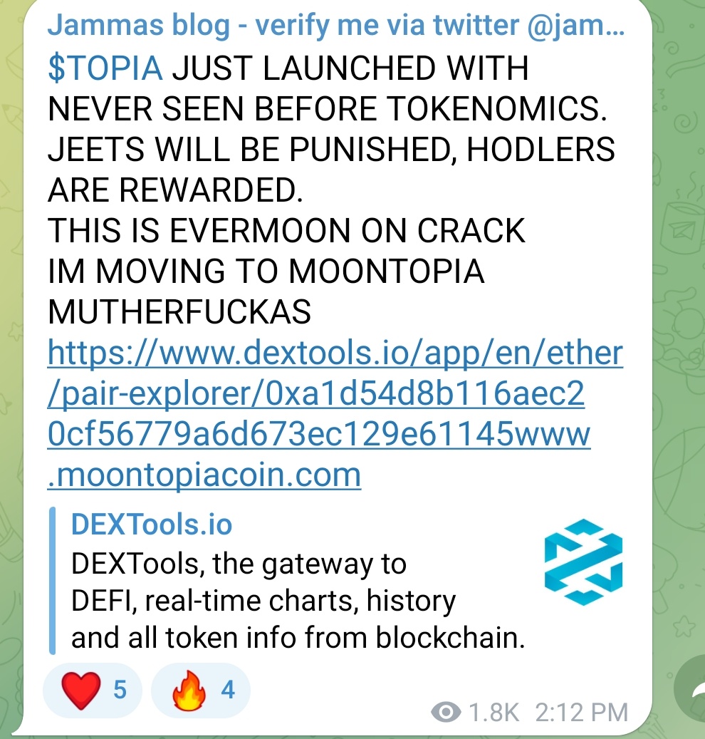 JammaPelson1's tweet photo. CALLED $TOPIA AT LAUNCH. NOW 1.5M

IT'S LIKE #EVERMOON BUT ON STEROIDS

THE TEAM IS BASED AF AND CONTINUALLY WORKING TO IMPROVE.

THIS WAS A 200X. BY THE TIME IT'S DONE WILL BE A 5000X I BELIEVE.

NOW THAT ELON IS LIMITING YOUR VIEWS. PICK WHO U FOLLOW WISELY.

I PRINT NON STOP. https://t.co/UH6vh0R9P2