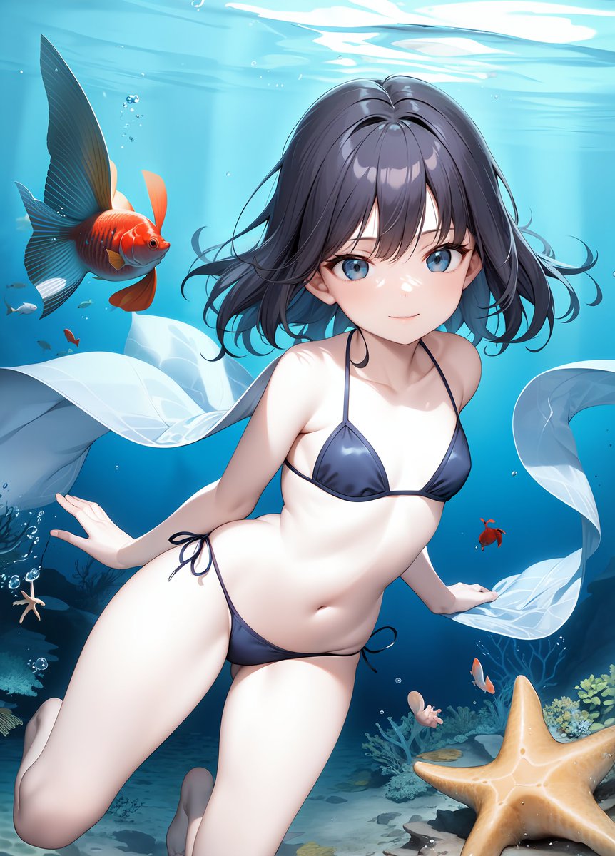 karin4ai's tweet photo. I borrowed a magic cape from @AlizsArts to participate in the #UnderwaterKingdomAI challenge, but I tore it up on a coral reef, sorry A-chan! Amazingly it still works! 🌊🐠🦀 https://t.co/JzXVc6gCE7