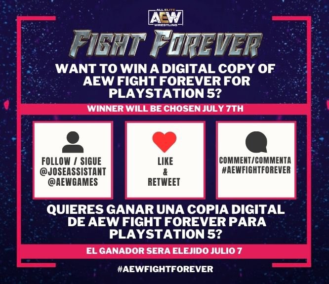 JoseAssistant's tweet photo. Here is your chance!

I’m assisting you with a chance to WIN a digital copy of #AEWFightForever for the Playstation 5.

Follow @JoseAssistant and @AEWGames 

Like and RT this tweet

Comment with #AEWFightForever 

Winner chosen at random and contacted by DM on July 7th.

#AEW https://t.co/PcezYTdI5i