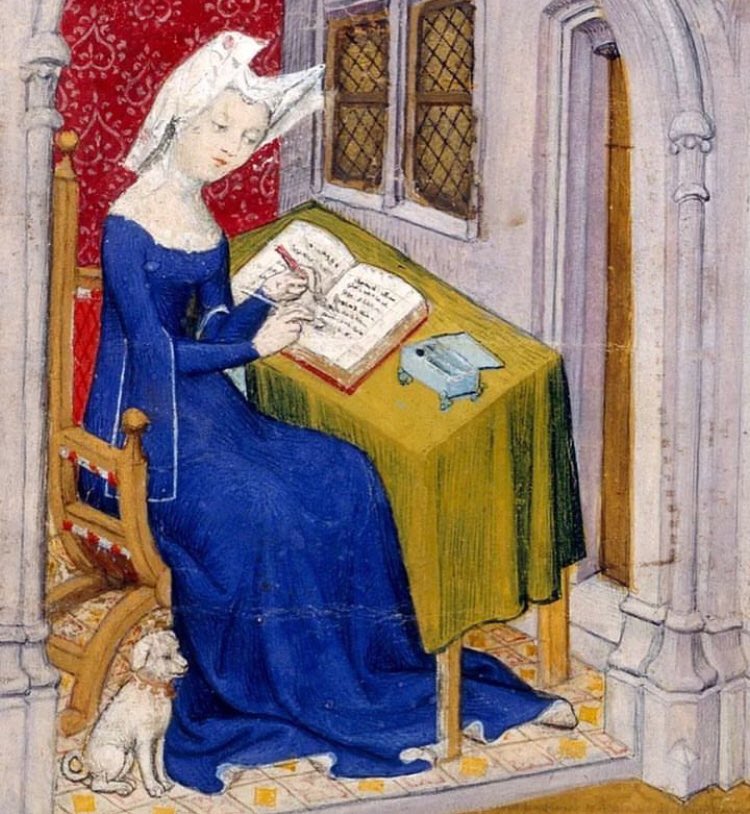 WeirdMedieval's tweet photo. a scholar and her dog, france, 15th century https://t.co/TCXRQFjbog