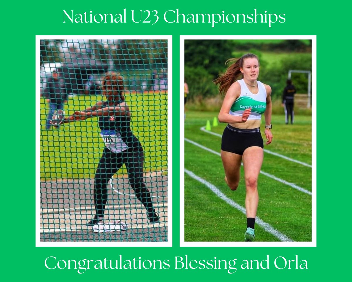 Fantastic news coming from Tullamore where Blessing Alamu (U23 Discus) and Orla Coffey (U23 400m Hurdles) have both won Silver medals at the <a href="/irishathletics/">Athletics Ireland</a> National U23 Championships. 
Absolutely brilliant! Huge congratulations to both athletes from everyone at the club 🤍💚