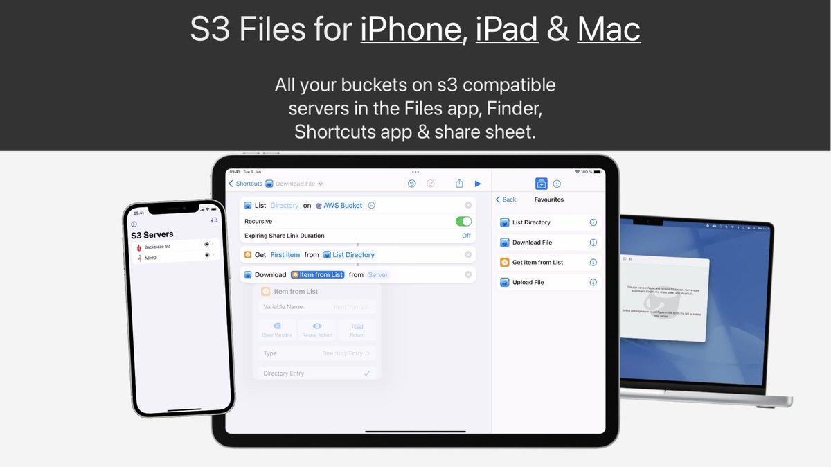 Cool! <a href="/palmin/">Anders Borum</a> just published a #S3 #ObjectStorage app for #iOS + #MacOS.
After his amazing #git client <a href="/WorkingCopyApp/">Working Copy</a> and his #SSH terminal/files-by-SSH app <a href="/ShellFishApp/">Secure ShellFish</a> I am sure we can expect a great app. It‘s called „S3 Files“ and you can read more at s3files.app